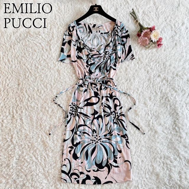 即納 【美品】EMILIO 36 PUCCI EMILIO リボン プッチ柄ワンピース