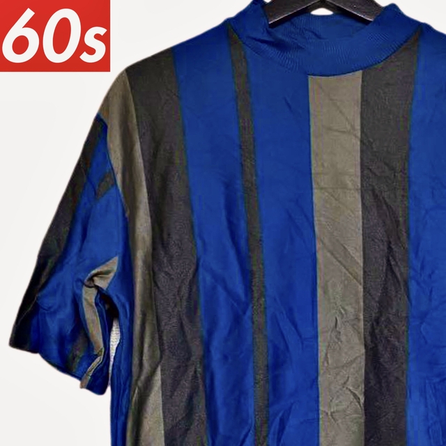 60s ビンテージ ストライプ ワイドボーダー ポリTシャツ ブルー USA