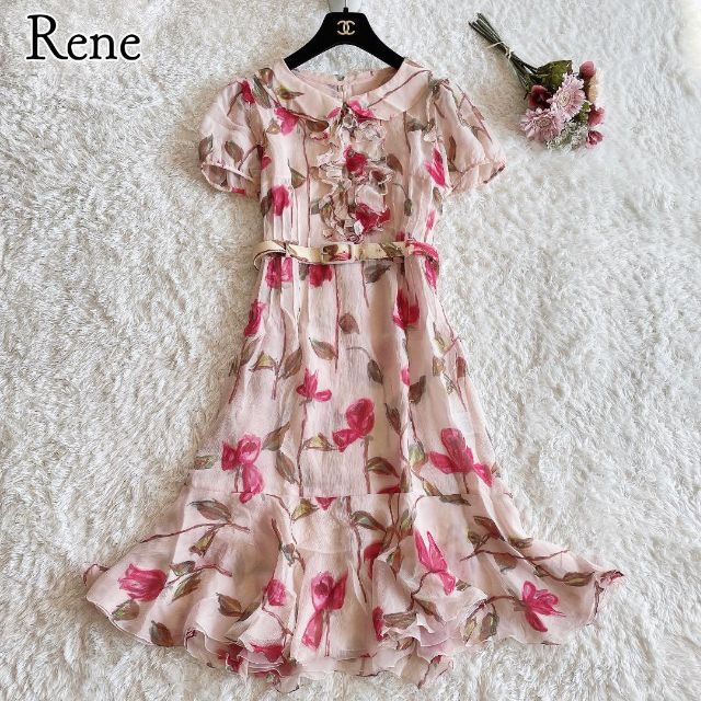 ☘️美品◆Rene◆ローズプリント　シルクシフォン　ベルテッドイレヘムドレス