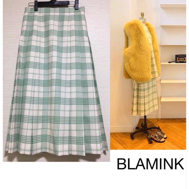未使用　BLAMINK チェックプリーツスカートクリーム×黄緑サイズ