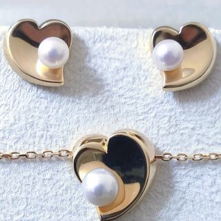 ミキモト(MIKIMOTO)のミキモト ベビーパール ハート ネックレス ピアス セット K18YG 9.5g(ネックレス)