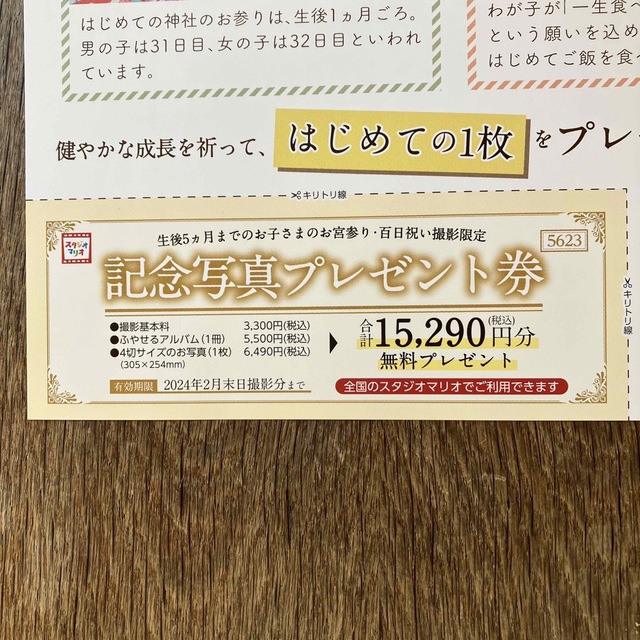 Kitamura(キタムラ)の専用です⭐︎スタジオマリオ　撮影無料券　無料お試し券　生後5か月まで チケットの優待券/割引券(その他)の商品写真