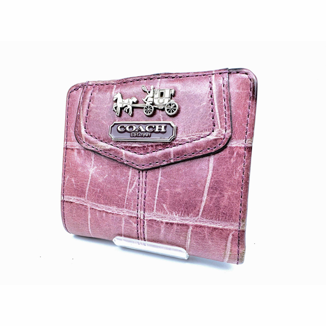 コーチ クロコ型押しレザー ２つ折り財布 ミニウォレット 赤紫 ピンク パープル