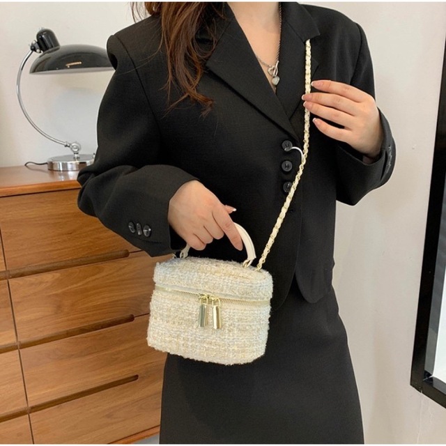 限定価格】ミニバッグ ミニショルダー バニティ ツイード 白 バケット