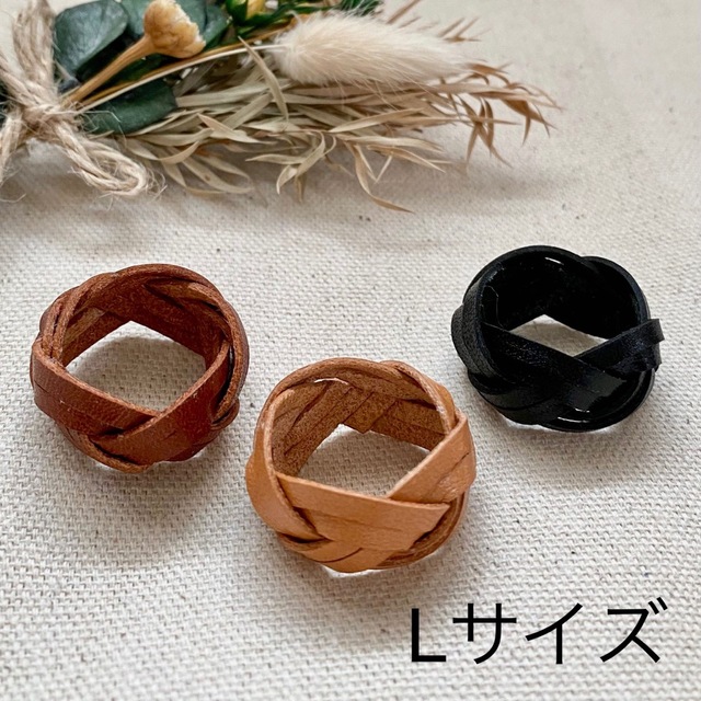 栃木レザー　かごめ結び　レザーリング　Lサイズ　メンズ　レディース　ハンドメイド ハンドメイドのアクセサリー(リング)の商品写真