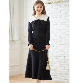 トッコクローゼット(TOCCO closet)のりぼん付きセーラーカラー配色ニットワンピース(ロングワンピース/マキシワンピース)