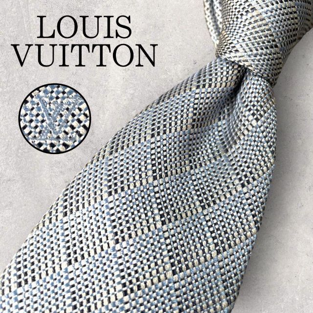 美品 LOUIS VUITTON ルイヴィトン 格子柄 ネクタイ 水色 ブルー お手軽