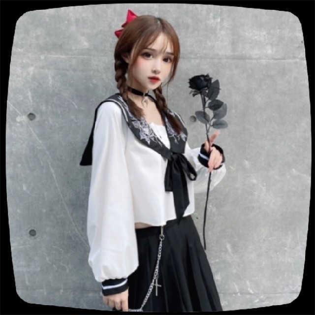 B⑤4 レディース 学園風 暗黒 薔薇 クール ビジュアル セーラー服 白黒