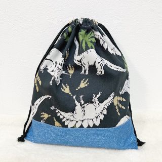 送料無料❤【入園・入学】高学年まで使えるシンプルデニム×恐竜柄のオシャレ体操服袋(体操着入れ)