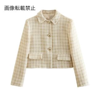 🎓3月新作🏫10813◇ツイード チェック柄 ノーカラージャケット(ノーカラージャケット)