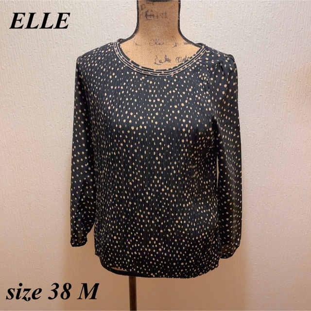 ELLE(エル)の美品★ELLE★ブラック★ベージュドット柄プリーツデザインブラウス★M レディースのトップス(シャツ/ブラウス(長袖/七分))の商品写真