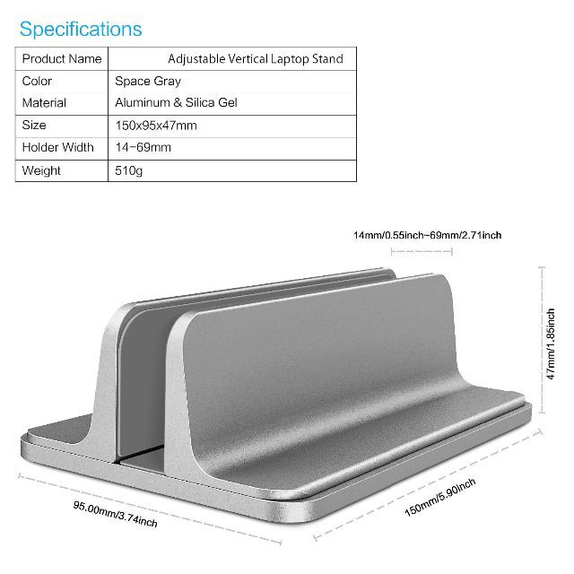 【色: スペースグレー】ノートパソコン スタンド 縦置き 収納 ホルダー幅調整可 5
