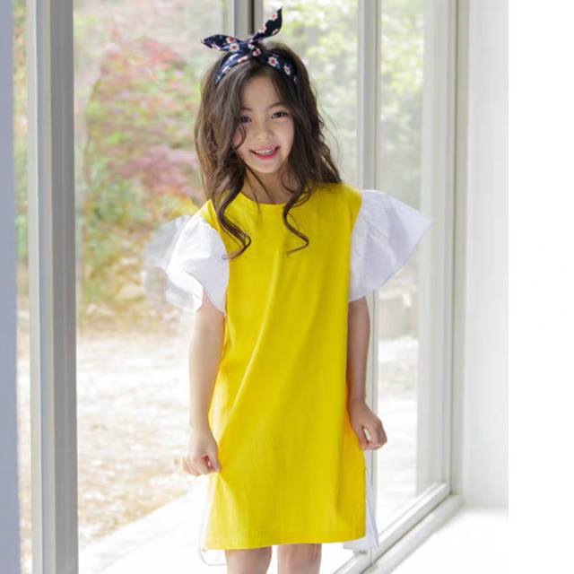 ワンピース　女の子　フリルワンピ　イエローワンピ　子供服　韓国子供服 キッズ/ベビー/マタニティのキッズ服女の子用(90cm~)(ワンピース)の商品写真