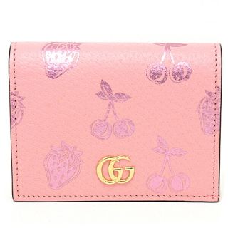 グッチ(Gucci)のGUCCI グッチ GGマーモント ダブルG カードケース コイン＆紙幣入れ付き ミニウォレット 二つ折り財布 ストロベリー＆チェリープリント レザー 456126 ピンク ゴールド金具 未使用品(財布)