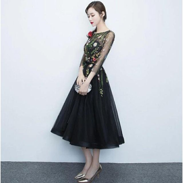 【新品】Lサイズ　黒　パーティードレス　花柄刺繡　ミディドレス　フォーマル 3