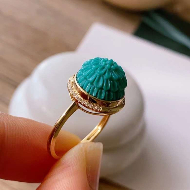 10.8mm 天然無処理 ターコイズ トルコ石 花彫り ダイヤモンドリング 最