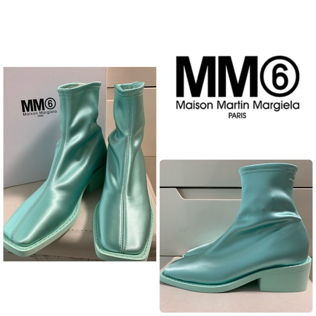 売切り特価 MM6 メゾンマルジェラ ミントサテン ショートブーツ