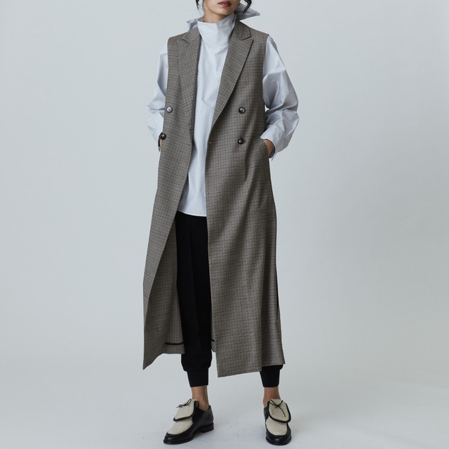 新品 1er Arrondissement ガンクラブチェックロングジレ ベスト-
