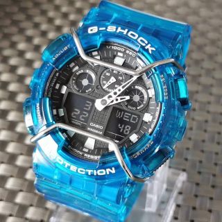 カシオ(CASIO)のG-SHOCK GA-100B ブルースケルトン & バンパー + メタル遊環(腕時計(アナログ))