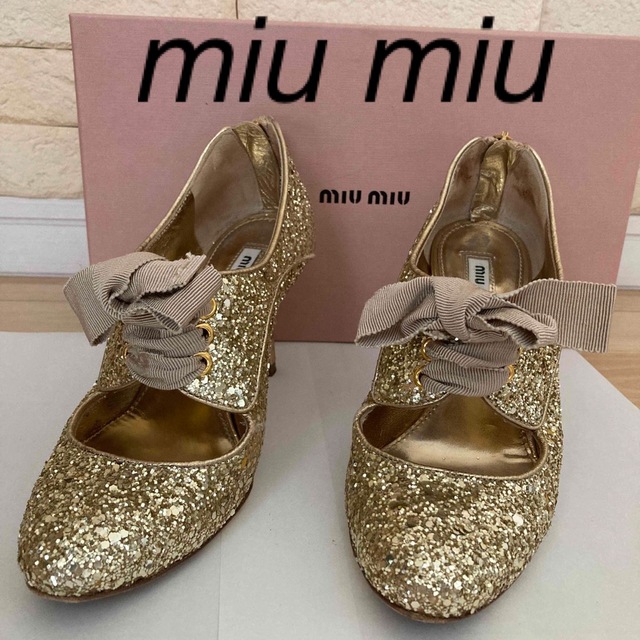 miu miu ミュウミュウ　パンプス　ハイヒール　ゴールド　リボン　34 | フリマアプリ ラクマ