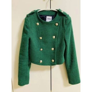 ザラ(ZARA)のZARA ツイードショートジャケット　グリーン(ノーカラージャケット)