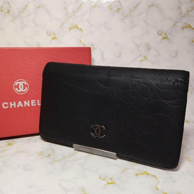 シャネル CHANEL 長財布 カメリア ブラック ラムスキン 【35】-