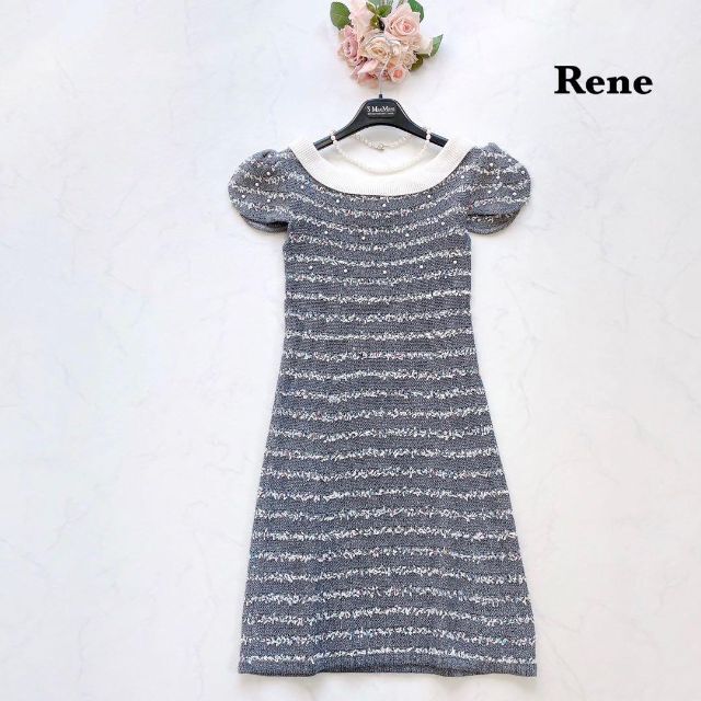 美品】Rene ニットワンピース 白襟 パール パフスリーブ ボーダー 36