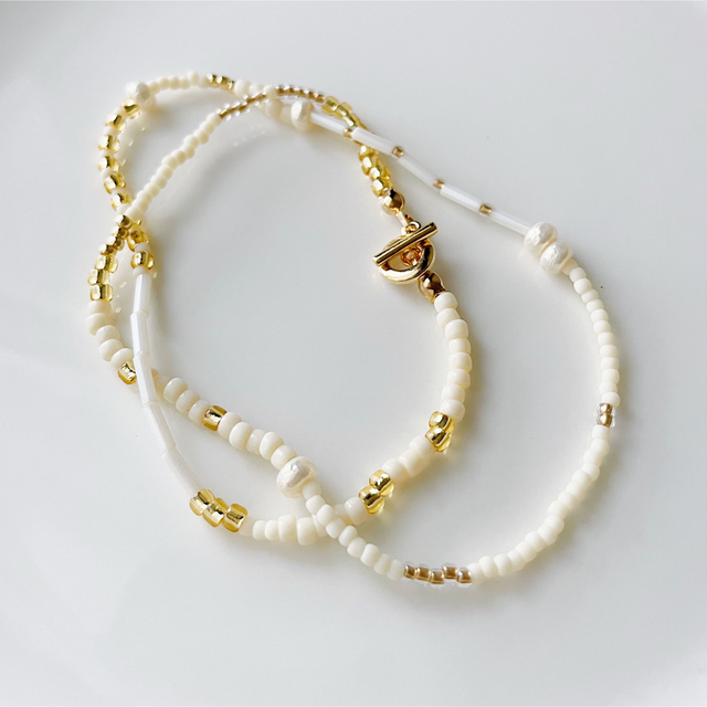 パール・ビーズ ネックレス-ivory × gold 【N006】 ハンドメイドのアクセサリー(ネックレス)の商品写真