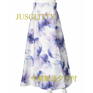 JUSGLITTY - 新品未使用タグ付！JUSフレアスカート(青　紫　花柄　アプワイザーリッシェ