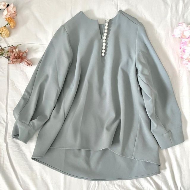 TONAL パールキーネックブラウス ミントグリーン トーナル タック 水卜