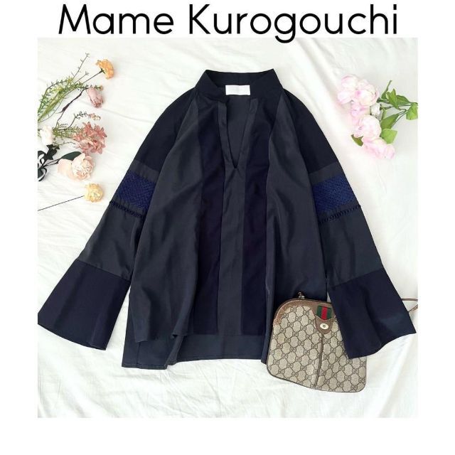 Mame Kurogouchi 刺繍スキッパーブラウス　マメクロゴウチ　紺　長袖