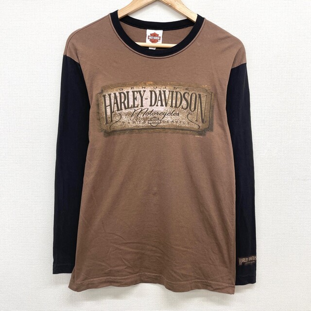 【中古】 ハーレー ダビッドソン HARLEY-DAVIDSON ロングスリーブ Tシャツ ロゴ プリント 長袖 ロンT サイズ：S  ブラウン×ブラック MADE IN U.S.A 古着 中古 mellow ゆうパケット対応