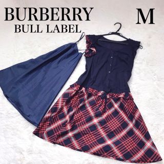 バーバリーブルーレーベル(BURBERRY BLUE LABEL)の美品 バーバリーブルーレーベル キャミソール付き チェック ネイビー ワンピース(ひざ丈ワンピース)