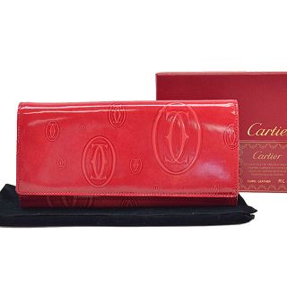 カルティエ(Cartier)のカルティエ CARTIER 二つ折り長財布 ハッピーバースデー パテントレザー ピンク系レッド レディース 送料無料【中古】 54848a(財布)