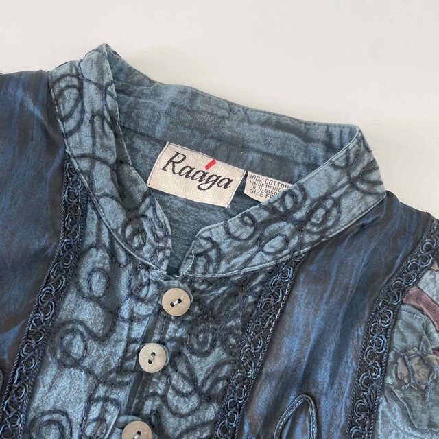 vintage インディゴ染 刺繍デニムシャツ インド綿 長袖シャツ 1