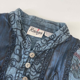 vintage インディゴ染 刺繍デニムシャツ インド綿 長袖シャツ