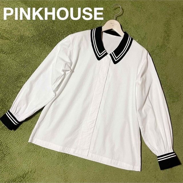 ピンクハウス　配色ライン襟　セーラーカラー　カフス　白黒　オーバー　ブラウス