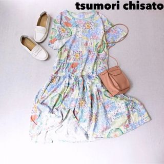 ツモリチサト(TSUMORI CHISATO)のツモリチサト ワンピース 総柄  フレア  ワコール 日本製 ギャザー(ロングワンピース/マキシワンピース)