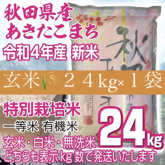 秋田県産　特別栽培米　一等米　米/穀物　令和4年　玄米２４kg　新米あきたこまち　有機米