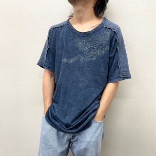 ハーレー(Hurley)の【中古】 ハーレー ダビッドソン HARLEY-DAVIDSON Tシャツ 半袖 ショートスリーブ サーマル切り替え ロゴ プリント サイズ：L ネイビー系 MADE IN U.S.A 古着 中古 mellow ゆうパケット対応(Tシャツ/カットソー(半袖/袖なし))