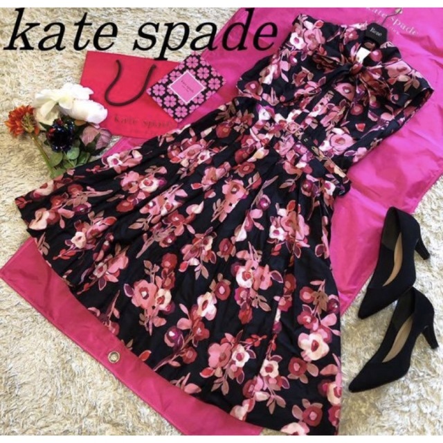 【美品】kate spade ノースリーブフラワードレス リボンタイ サイズ10レディース