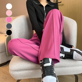 ♬らくらくセミワイドパンツ ホットピンクXL■無地 レディース 韓国ファッション
