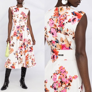 新品 MSGM フローラルプリント ベルト シャツ ワンピース ドレス