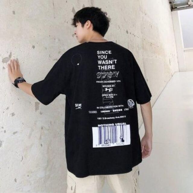 バーコード Tシャツ バックプリント ビッグシルエット 韓国ファッション 黒 メンズのトップス(Tシャツ/カットソー(半袖/袖なし))の商品写真