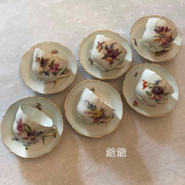 Meissen 古マイセン／カップ＆ソーサー ６客「フラワーブーケと昆虫」キッチン/食器