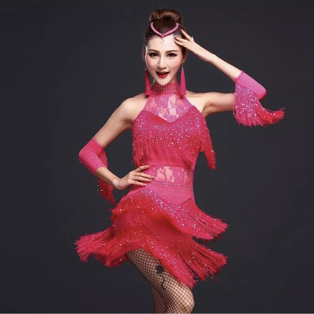 ラテンドレス衣装 社交ダンス ラテンアメリカン フリンジ  ピンク  Ｍスパンコールドレス