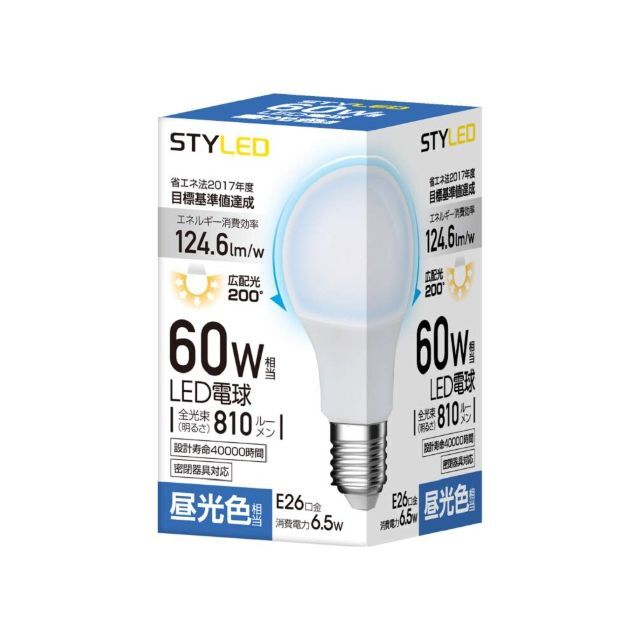 【色: 昼光色】スタイルド LED電球 口金直径26mm 60W形相当 810ル