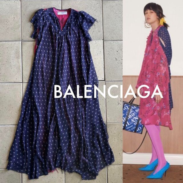 Balenciaga(バレンシアガ)の2018 BALENCIAGAバレンシアガ BBロゴ 花柄シフォン ワンピース レディースのワンピース(ロングワンピース/マキシワンピース)の商品写真