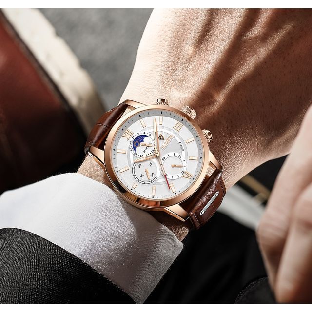 【正規品】LIGE　メンズ腕時計　防水　ゴールドホワイト　専用箱（付属品完備） メンズの時計(腕時計(アナログ))の商品写真