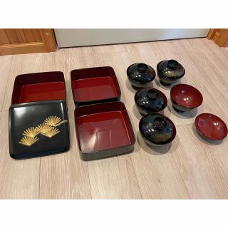 会津塗り　漆器　3段重　お椀×5セット(漆芸)